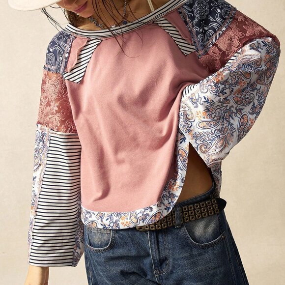 Coral Pink Boho Women's Countryside Vacation Knit Blouse - Picture 3 of 6